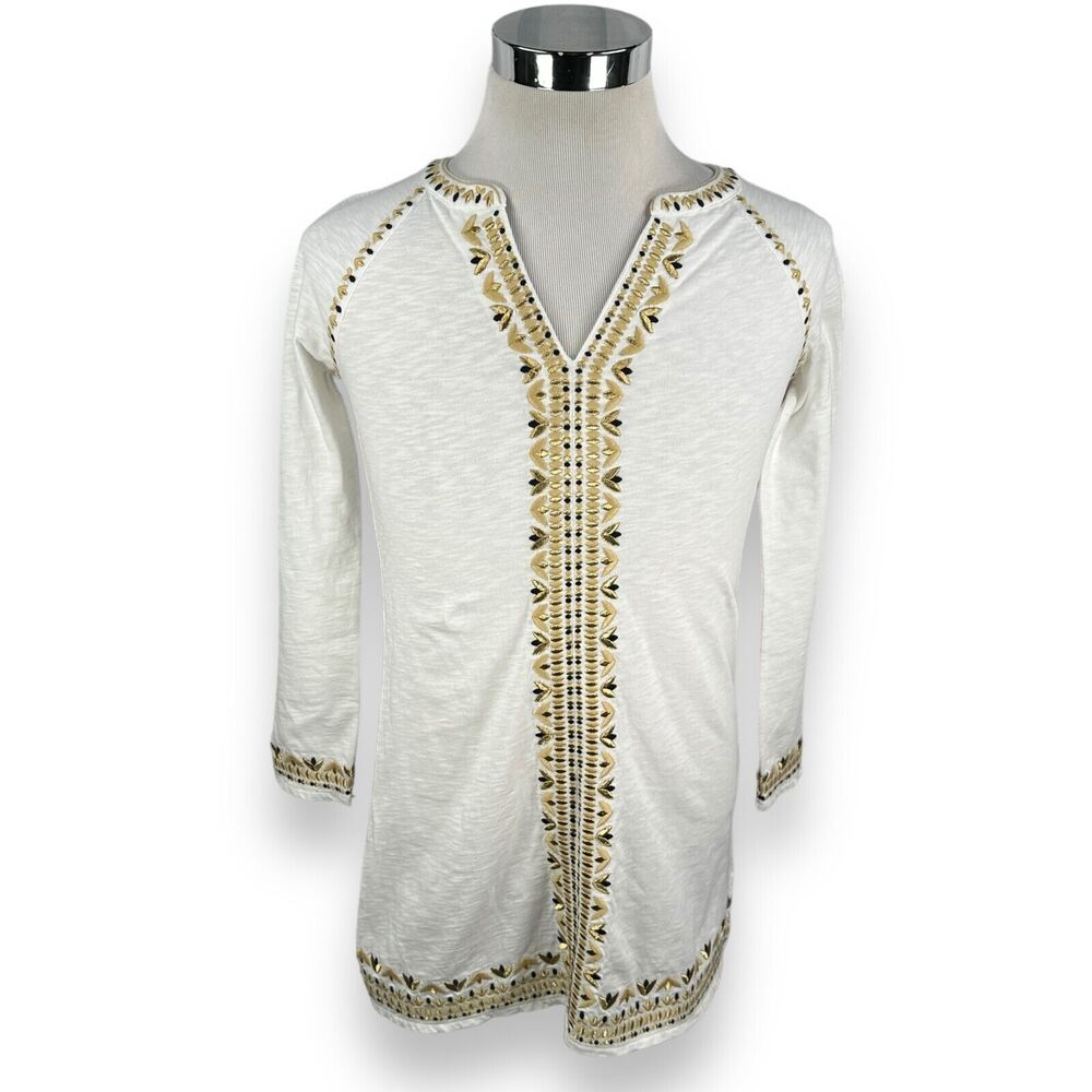 Boden Edie Kaftan Tunic Women's XS White Gold Split Neck Long Sleeve Cotton New